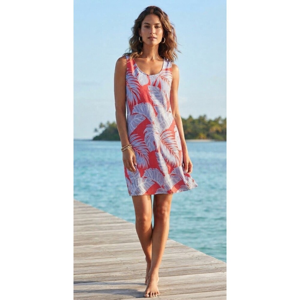 Tommy Bahama Womens L Shift Dress Red Blue Tropical Palm Leaf Zip Back Cruise